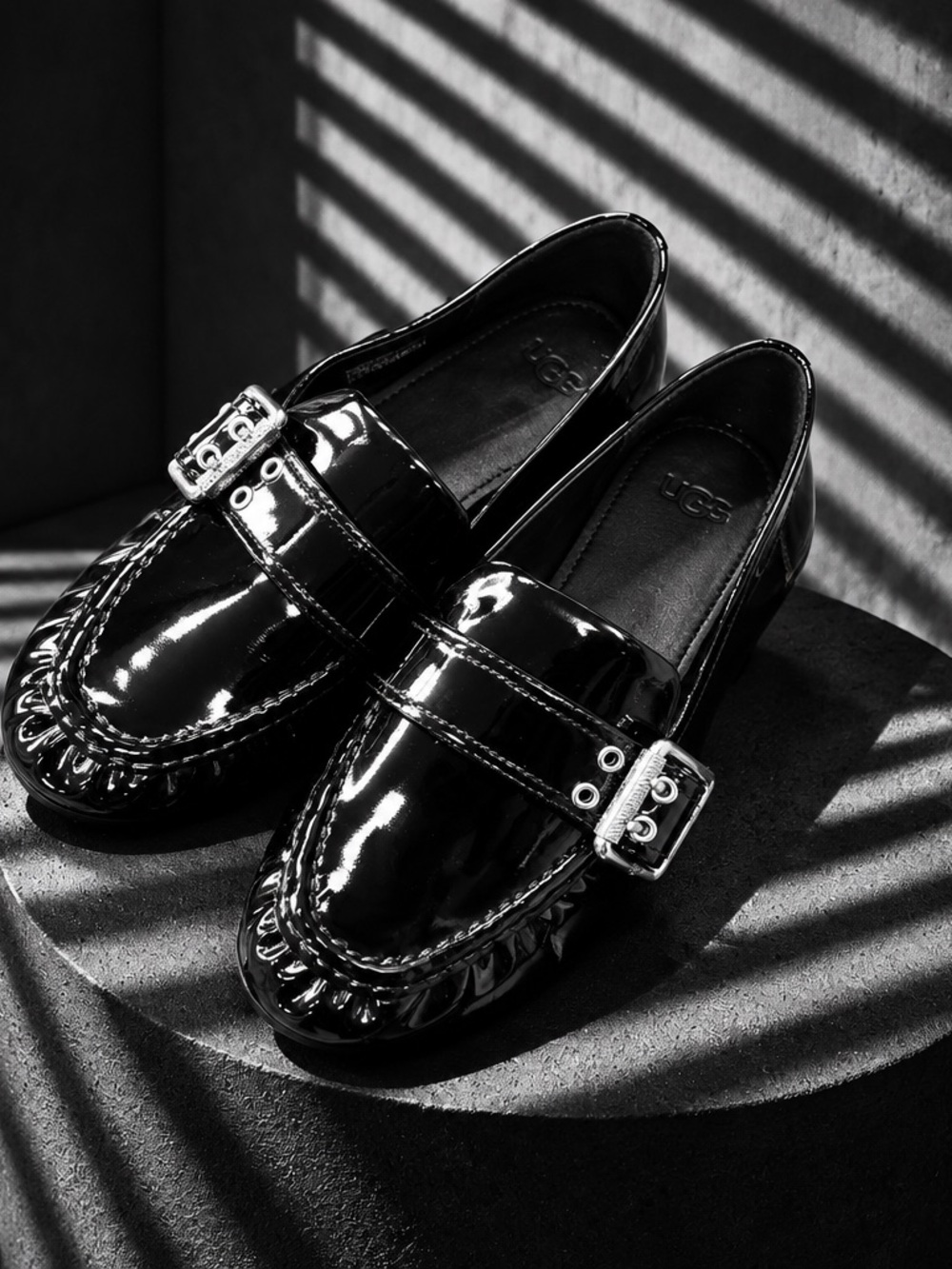 UGG Black Patent Leather Loafers with Buckle Detail